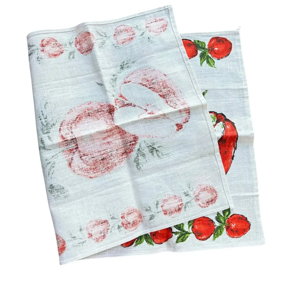 Vintage linen kitchen tea towel white & red apples motif cottage farmhouse decor
